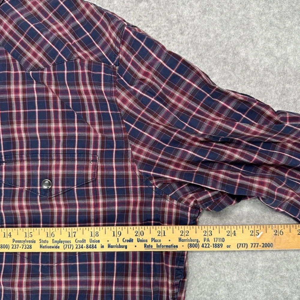 Banana Republic Mens Slim Fit Western Plaid Snap Front Shirt Navy Burgundy Large